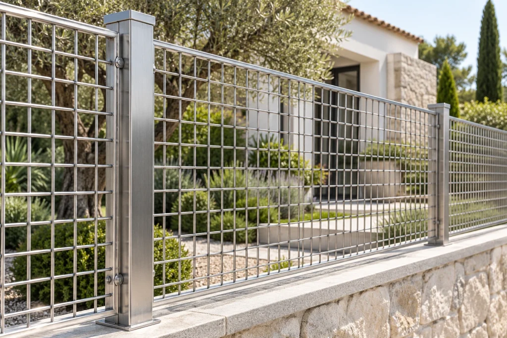 רשת נירוסטה מרותכת לגידור גינה עם עמודי מתכת